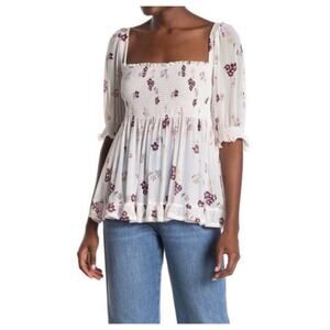 Free People Delta Dawn Floral Mesh Smocked Top M half Sleeve Boho Peasant Blouse
